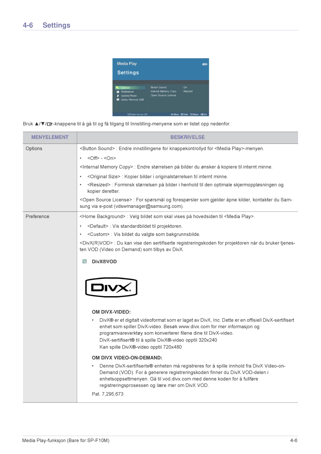 Samsung SP1005XWX/EN, SP1055XWX/EN manual Settings, DivXVOD 