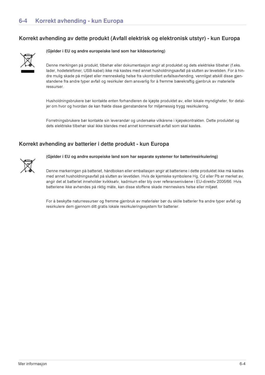 Samsung SP1055XWX/EN, SP1005XWX/EN Korrekt avhending kun Europa, Korrekt avhending av batterier i dette produkt kun Europa 