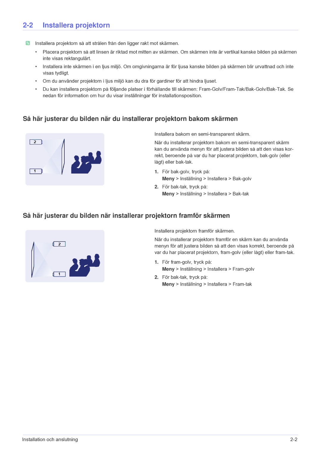 Samsung SP1005XWX/EN, SP1055XWX/EN manual Installera projektorn framför skärmen 