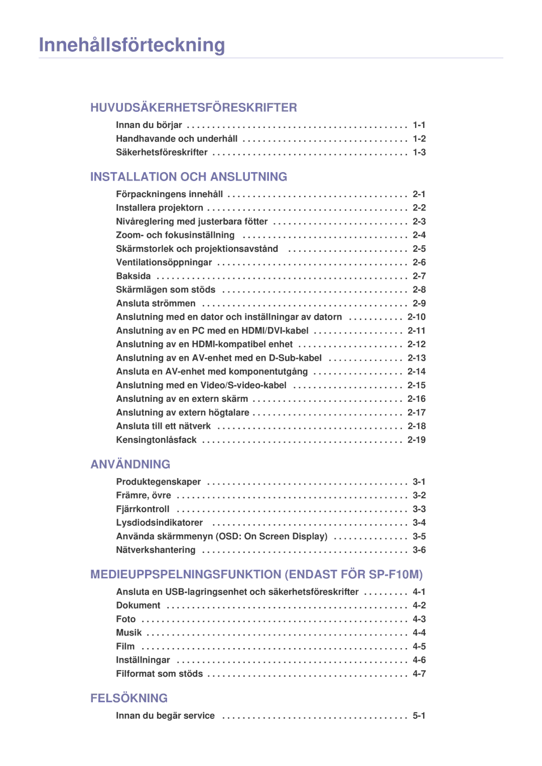 Samsung SP1005XWX/EN, SP1055XWX/EN manual Innehållsförteckning, Innan du begär service 