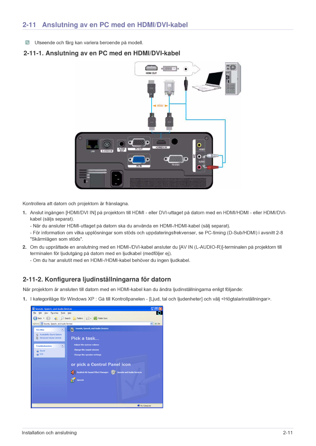 Samsung SP1005XWX/EN, SP1055XWX/EN Anslutning av en PC med en HDMI/DVI-kabel, Konfigurera ljudinställningarna för datorn 