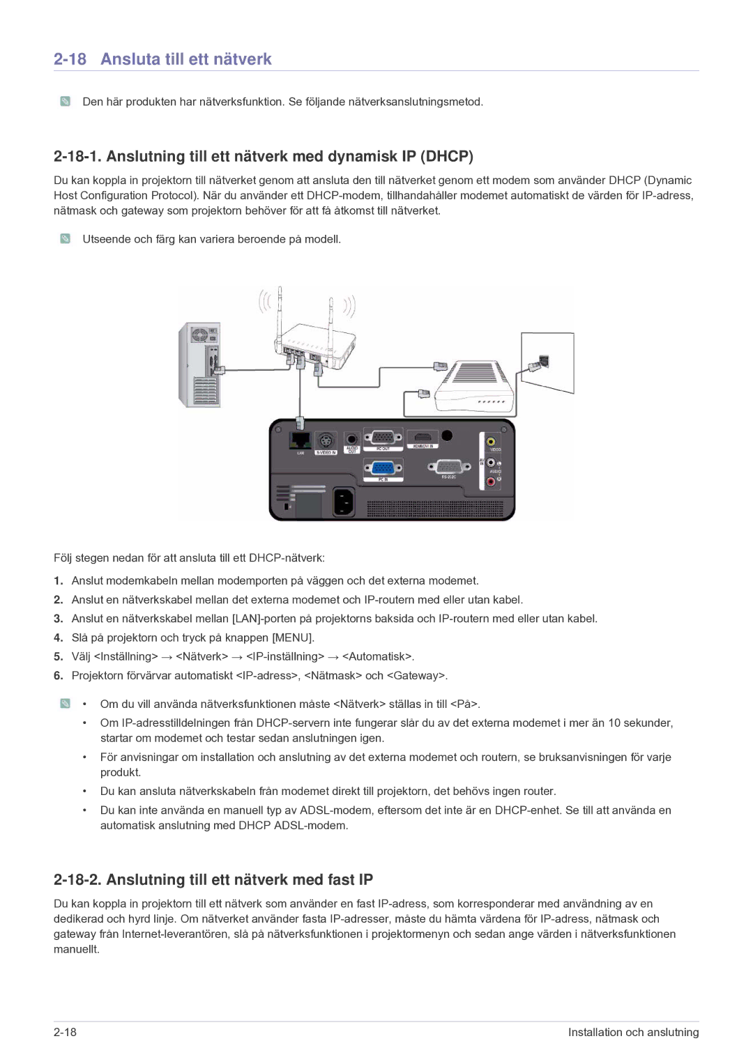 Samsung SP1005XWX/EN, SP1055XWX/EN manual Ansluta till ett nätverk, Anslutning till ett nätverk med dynamisk IP Dhcp 