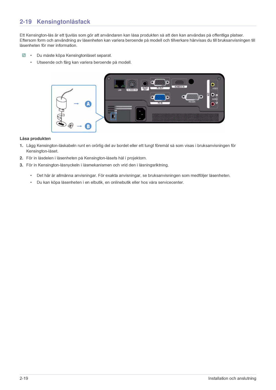 Samsung SP1005XWX/EN, SP1055XWX/EN manual Kensingtonlåsfack, Låsa produkten 