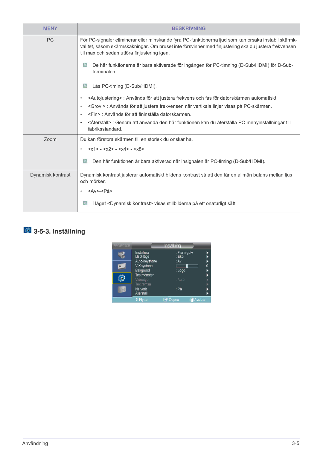 Samsung SP1005XWX/EN, SP1055XWX/EN manual Inställning 