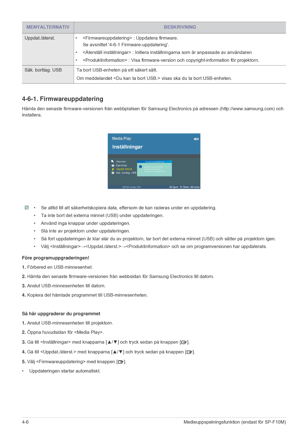 Samsung SP1055XWX/EN, SP1005XWX/EN manual Firmwareuppdatering, Före programuppgraderingen, Så här uppgraderar du programmet 