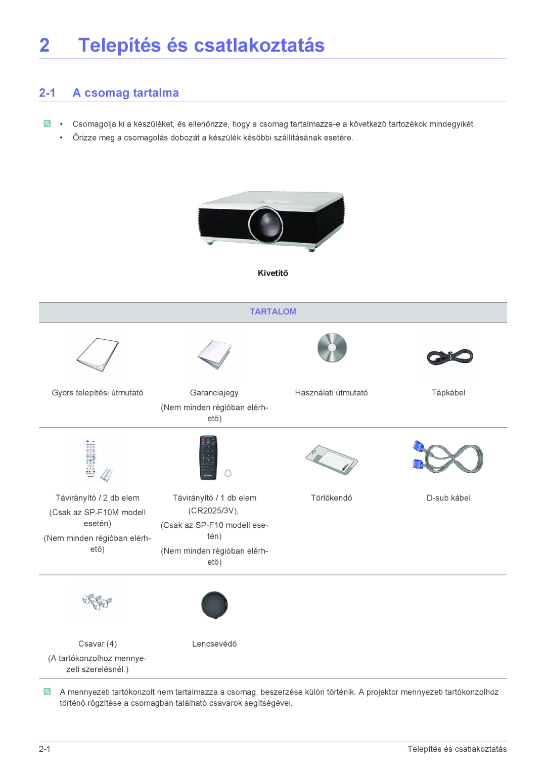 Samsung SP1055XWX/EN, SP1005XWX/EN manual Csomag tartalma, Tartalom 