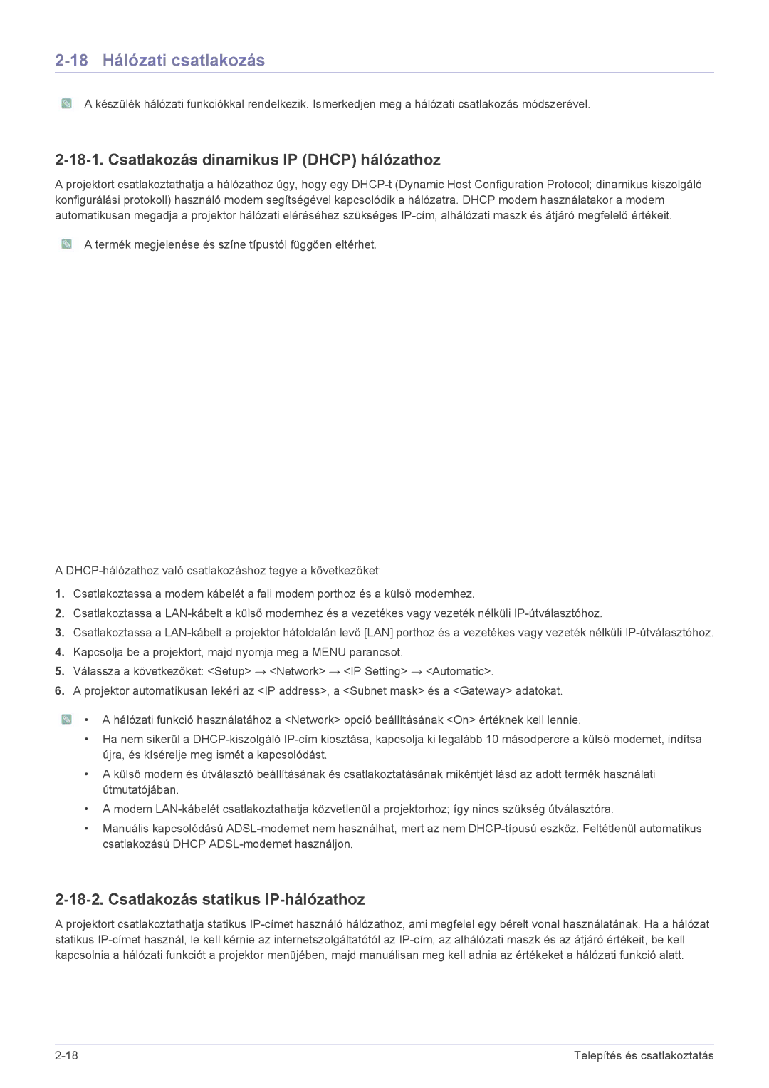 Samsung SP1005XWX/EN 18 Hálózati csatlakozás, Csatlakozás dinamikus IP Dhcp hálózathoz, Csatlakozás statikus IP-hálózathoz 