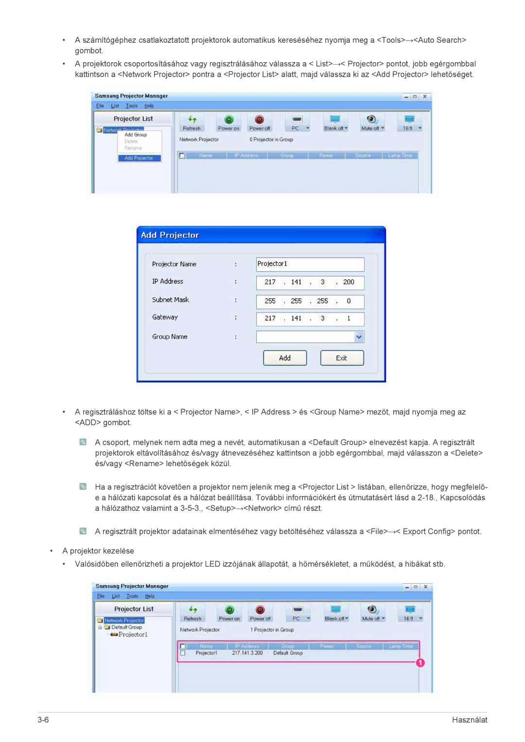 Samsung SP1055XWX/EN, SP1005XWX/EN manual Használat 