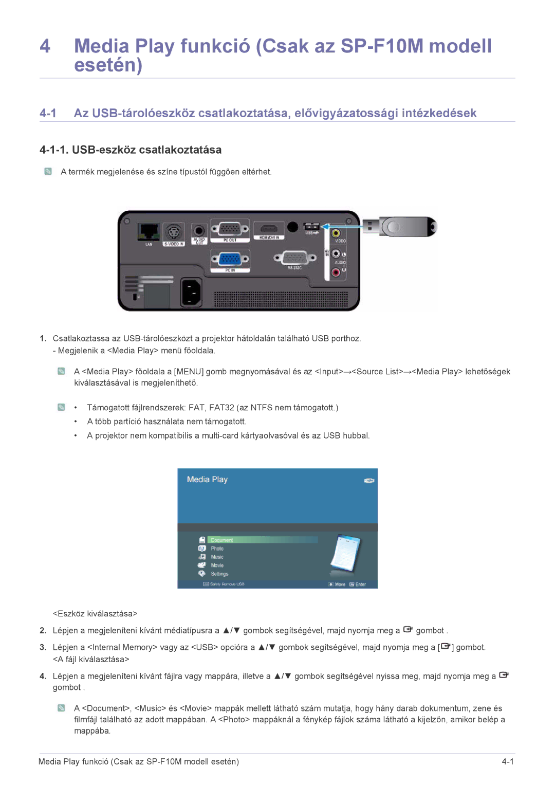 Samsung SP1005XWX/EN, SP1055XWX/EN manual Media Play funkció Csak az SP-F10M modell esetén, USB-eszköz csatlakoztatása 