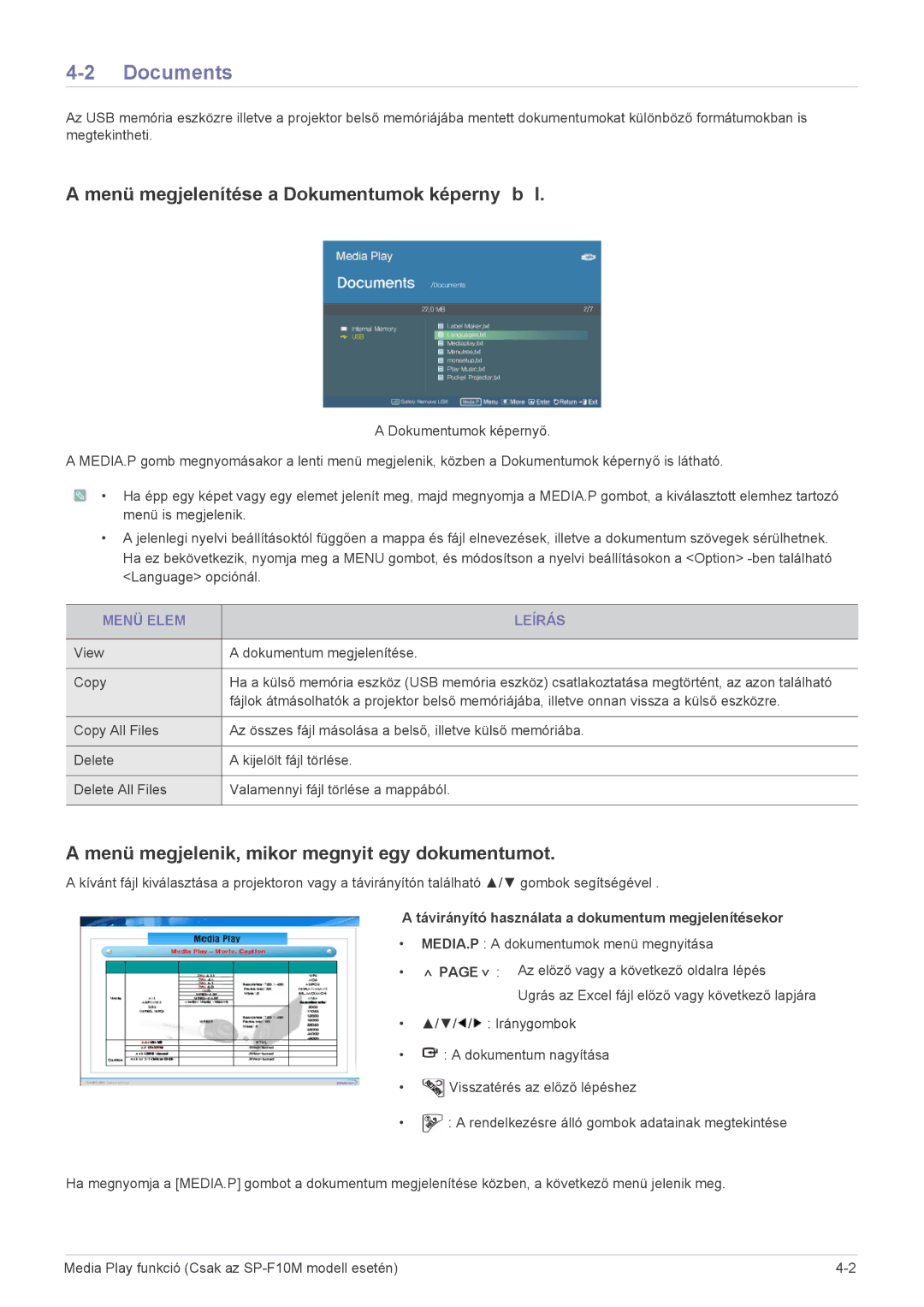 Samsung SP1005XWX/EN, SP1055XWX/EN manual Documents, Menü megjelenítése a Dokumentumok képernyőből, Menü Elem Leírás 