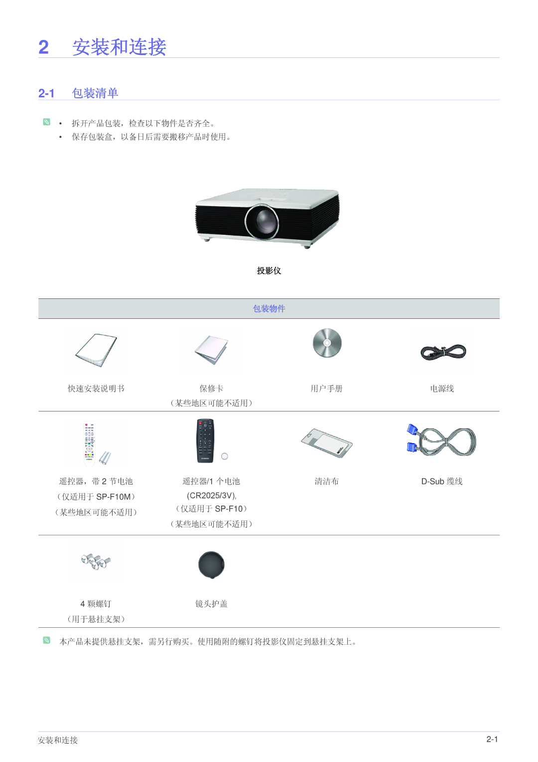 Samsung SP1005XWX/EN, SP1055XWX/EN manual 包装清单, 包装物件 