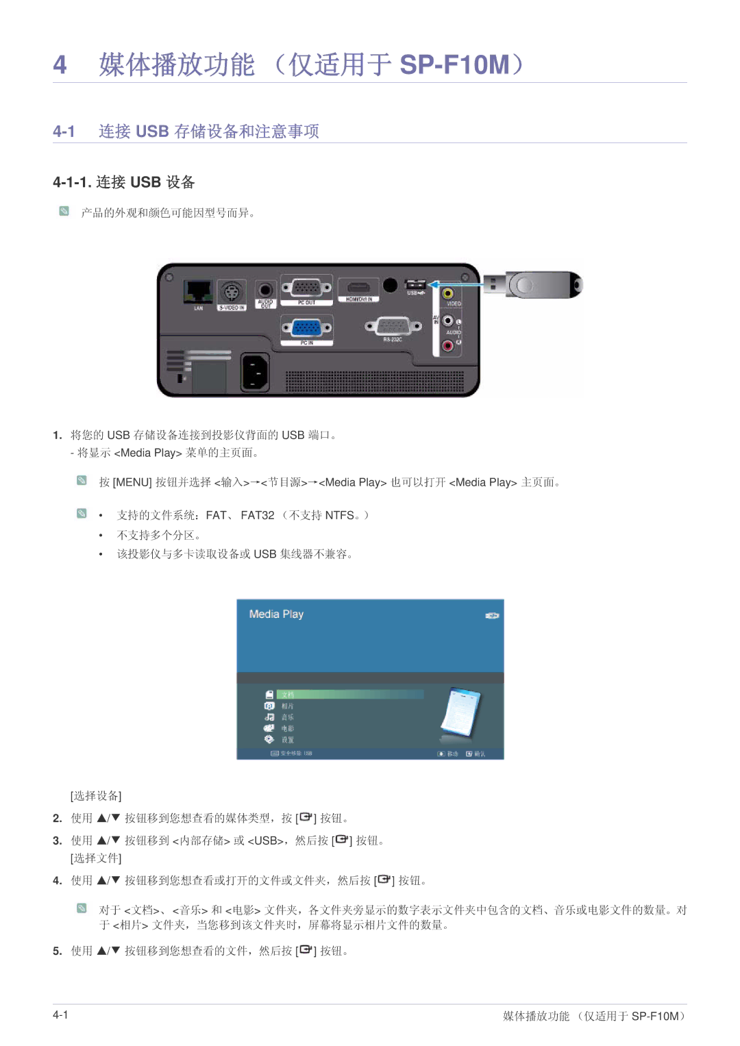 Samsung SP1055XWX/EN, SP1005XWX/EN manual 1连接 USB 存储设备和注意事项, 1. 连接 USB 设备, 产品的外观和颜色可能因型号而异。 将您的 Usb 存储设备连接到投影仪背面的 Usb 端口。 