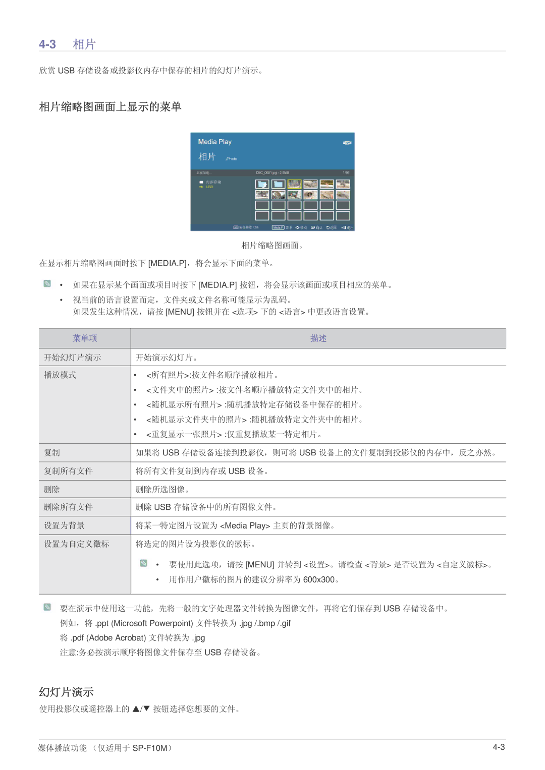 Samsung SP1005XWX/EN, SP1055XWX/EN manual 相片缩略图画面上显示的菜单, 欣赏 Usb 存储设备或投影仪内存中保存的相片的幻灯片演示。, 注意务必按演示顺序将图像文件保存至 Usb 存储设备。 