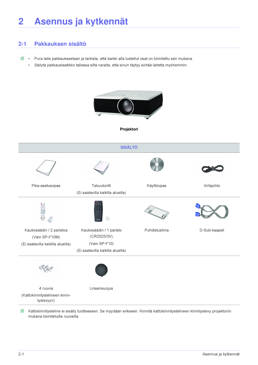 Samsung SP1055XWX/EN, SP1005XWX/EN manual Asennus ja kytkennät, Pakkauksen sisältö, Projektori 