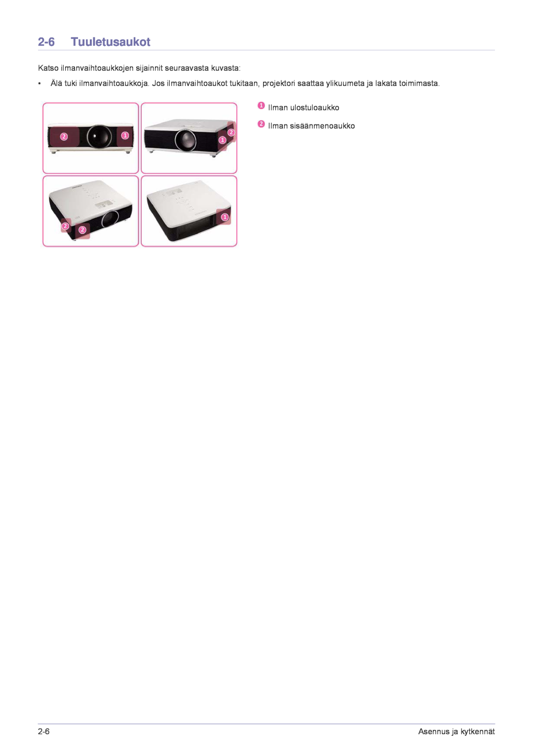 Samsung SP1055XWX/EN manual Tuuletusaukot, Katso ilmanvaihtoaukkojen sijainnit seuraavasta kuvasta, Asennus ja kytkennät 