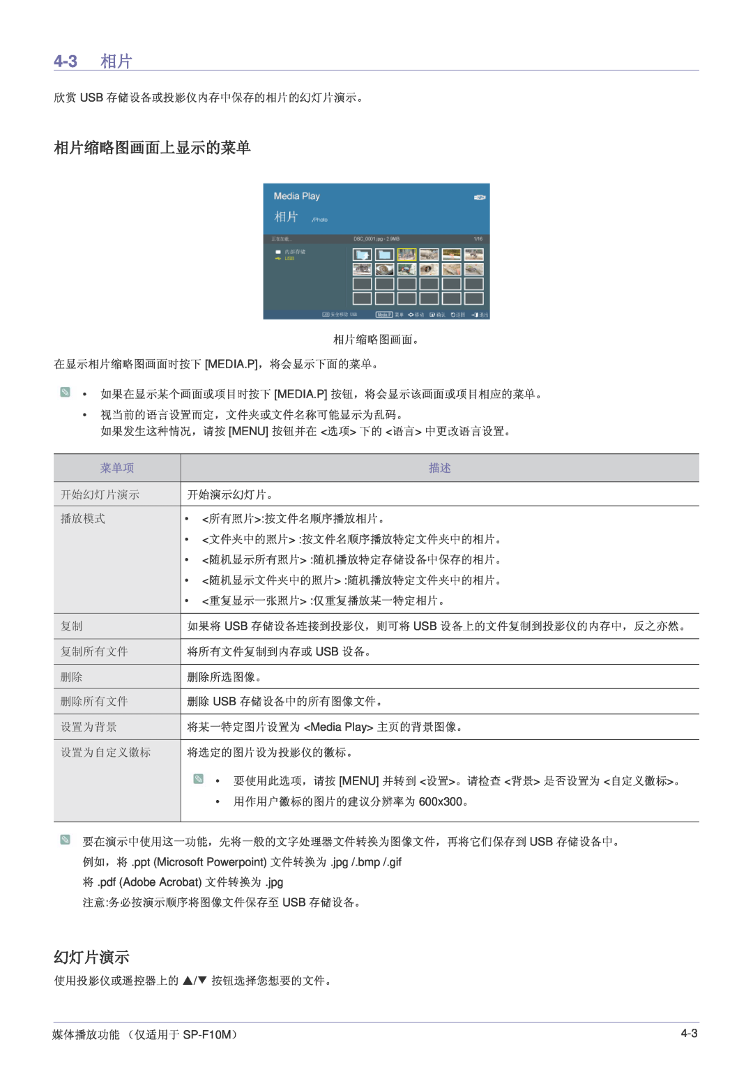 Samsung SP1005XWX/EN, SP1055XWX/EN manual 4-3 相片, 相片缩略图画面上显示的菜单, 幻灯片演示 