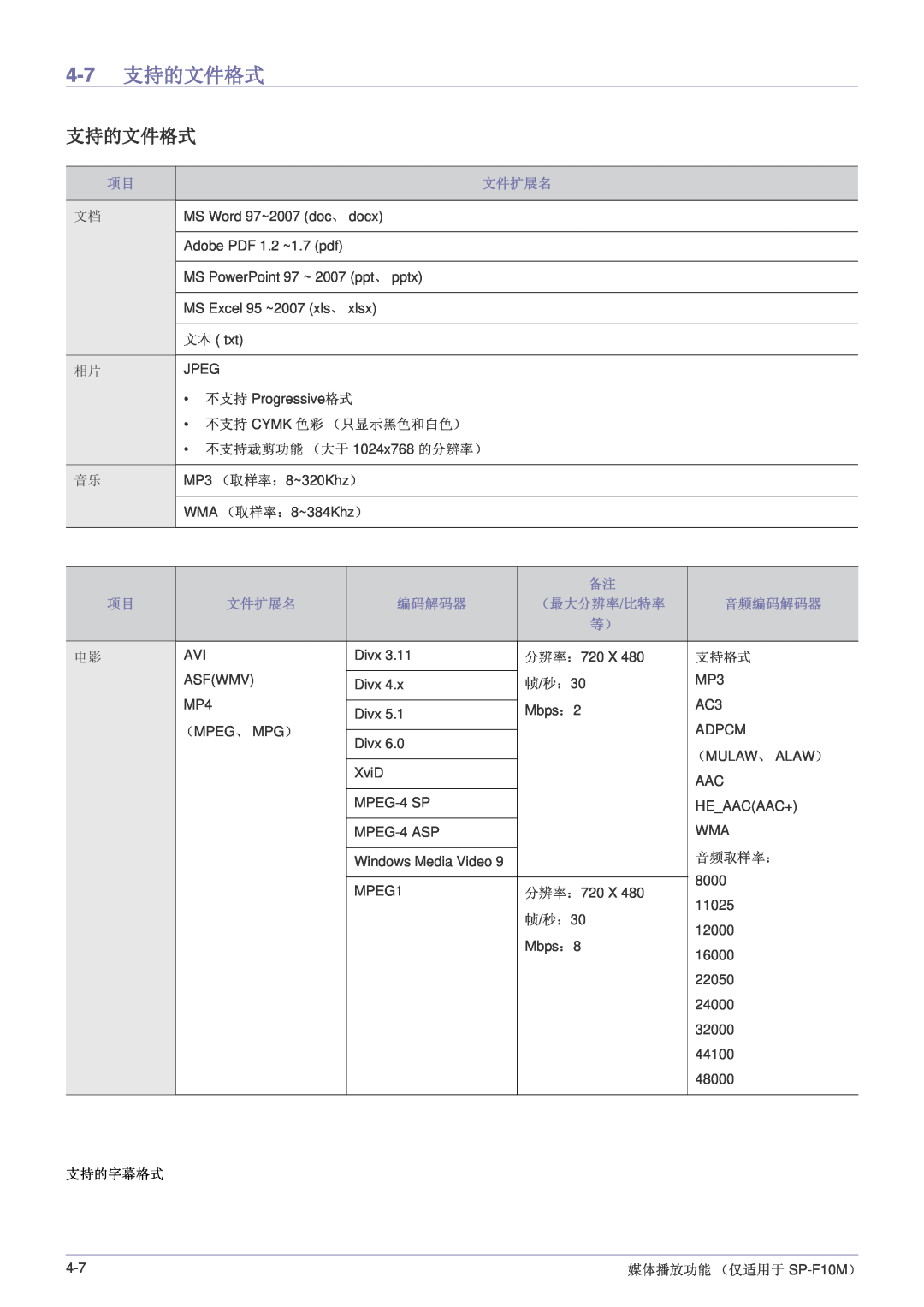 Samsung SP1055XWX/EN, SP1005XWX/EN manual 支持的文件格式, 文件扩展名, 音频编码解码器 