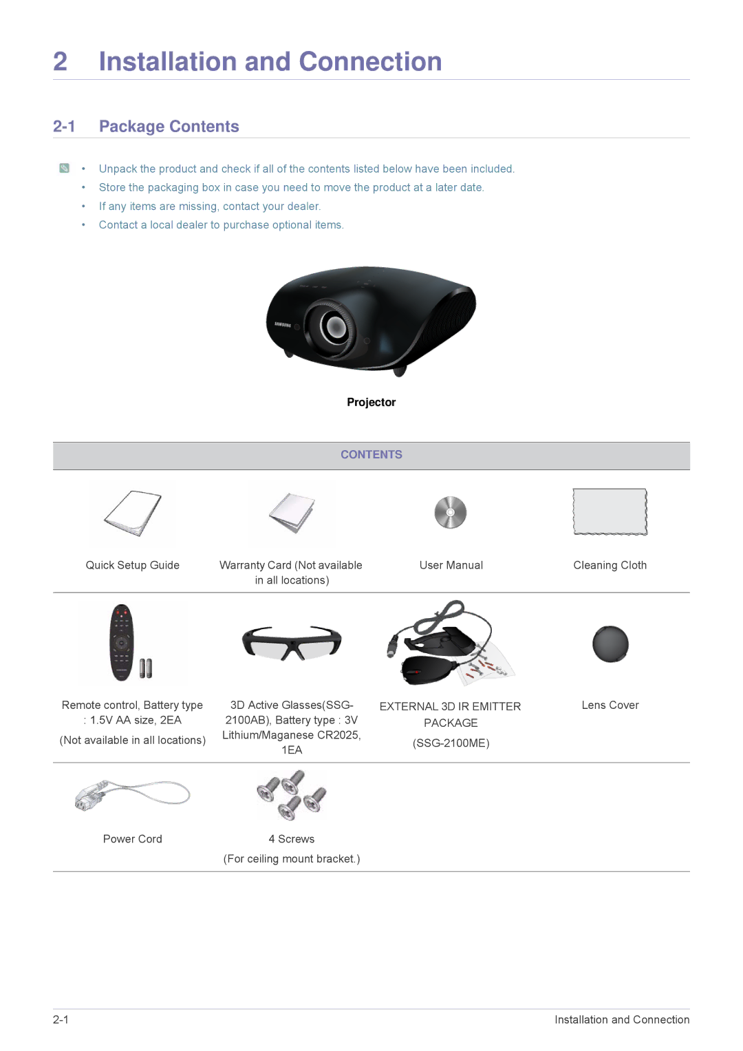 Samsung SP1035FBX/EN, SP1035FBX/ZA manual Installation and Connection, Package Contents 