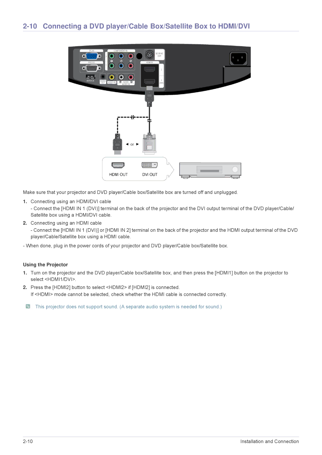 Samsung SP1035FBX/EN, SP1035FBX/ZA manual Connecting a DVD player/Cable Box/Satellite Box to HDMI/DVI, Using the Projector 