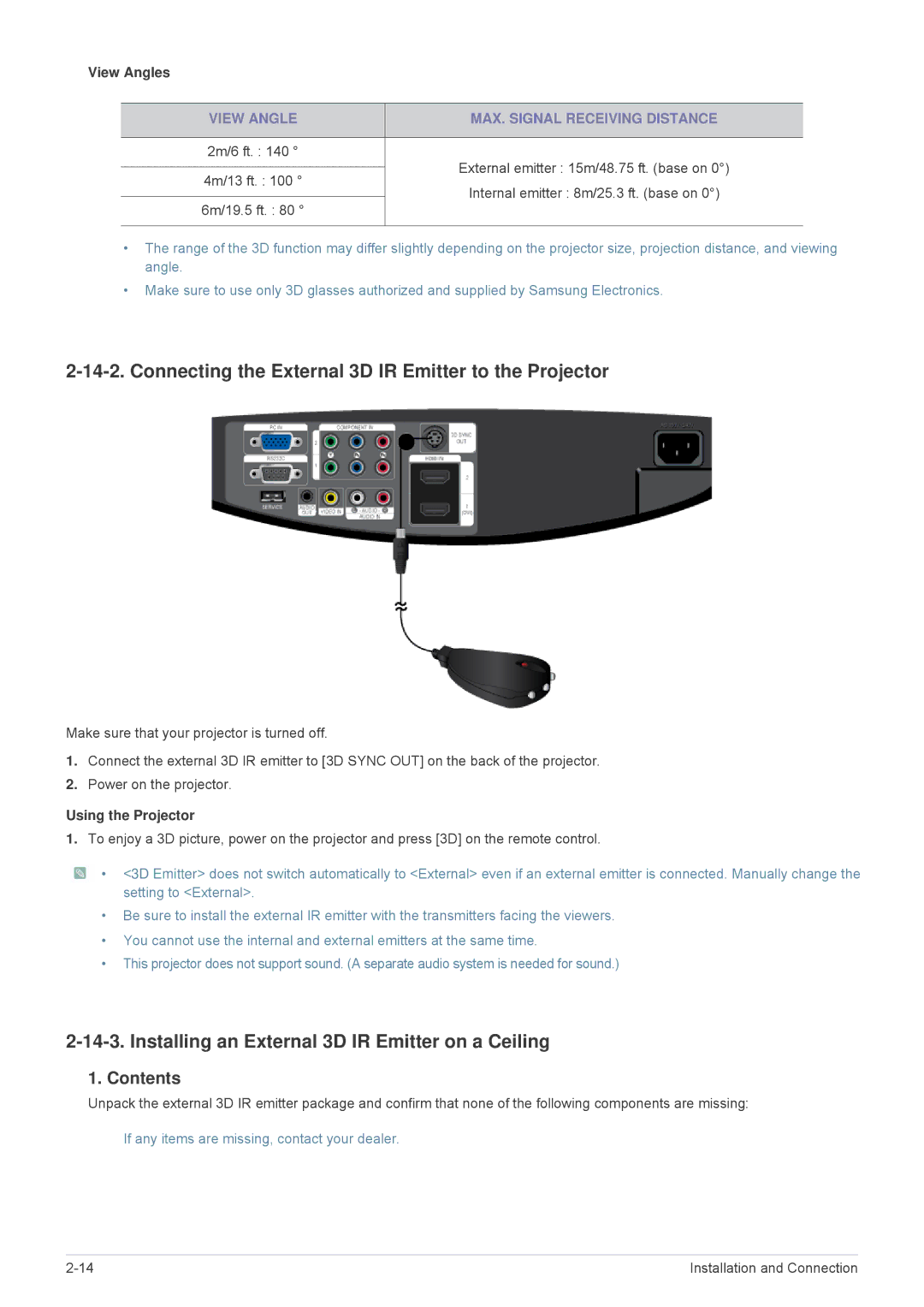 Samsung SP1035FBX/EN, SP1035FBX/ZA manual Connecting the External 3D IR Emitter to the Projector 