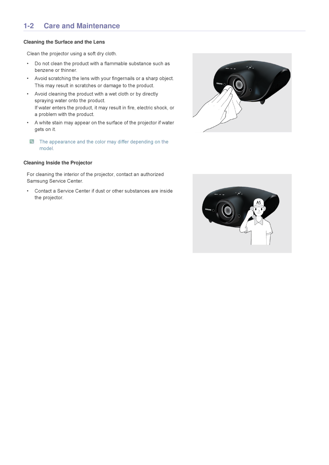 Samsung SP1035FBX/EN, SP1035FBX/ZA Care and Maintenance, Cleaning the Surface and the Lens, Cleaning Inside the Projector 