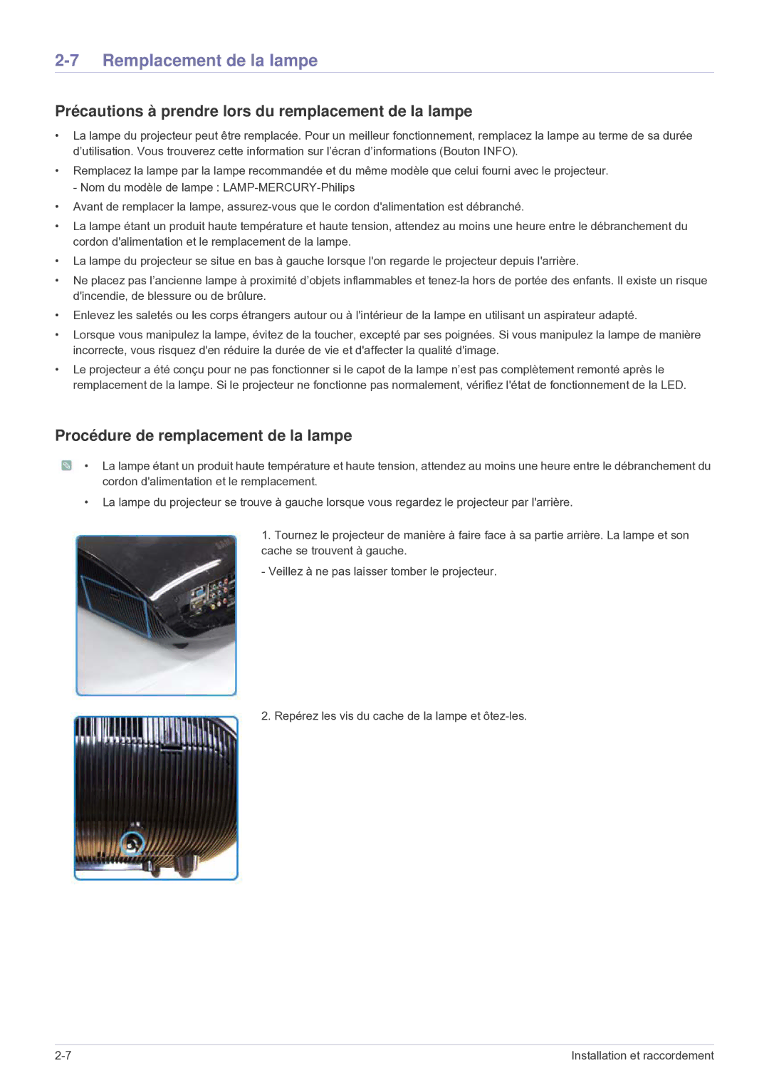 Samsung SP1035FBX/EN manual Remplacement de la lampe, Précautions à prendre lors du remplacement de la lampe 