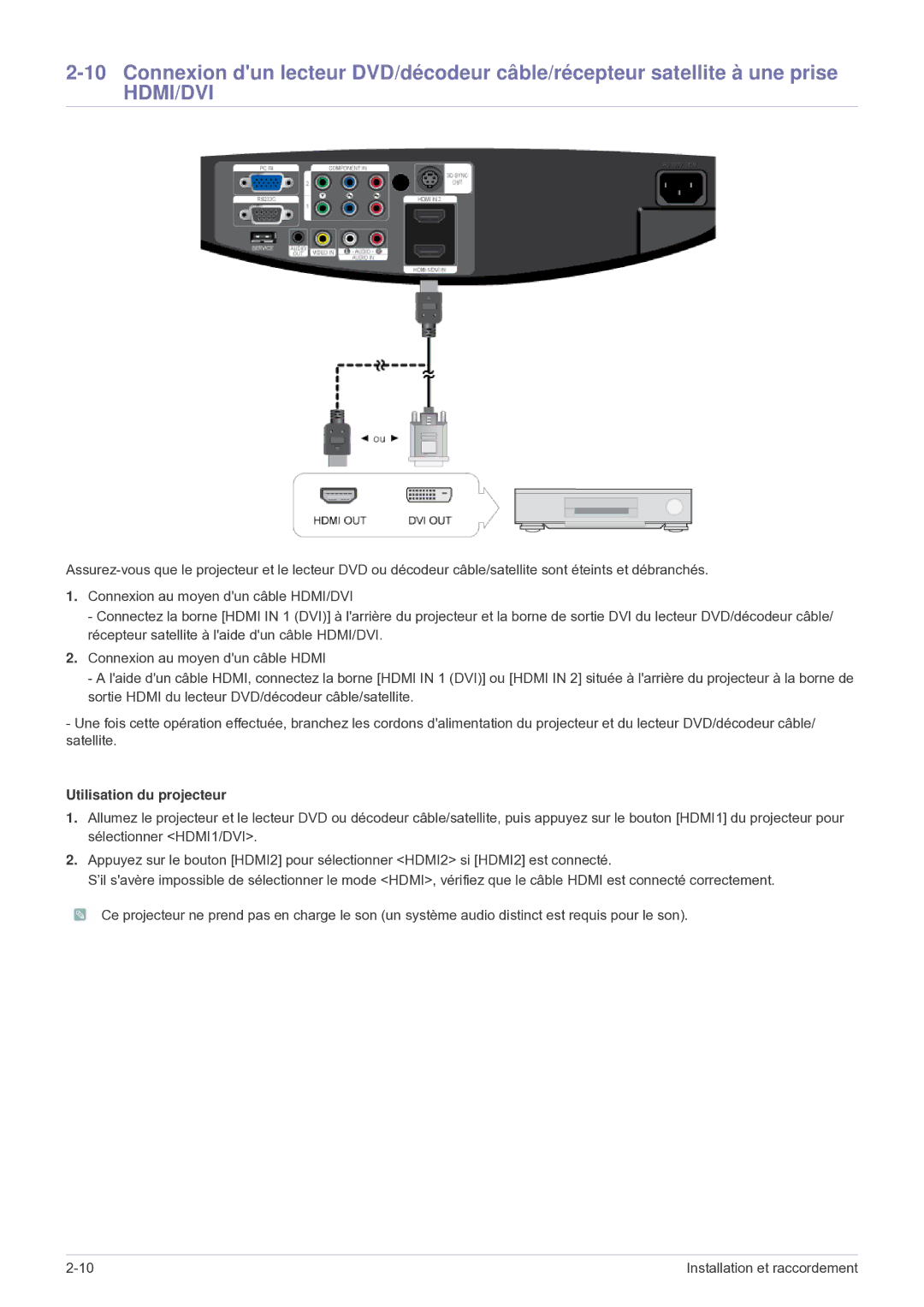 Samsung SP1035FBX/EN manual Hdmi/Dvi, Utilisation du projecteur 