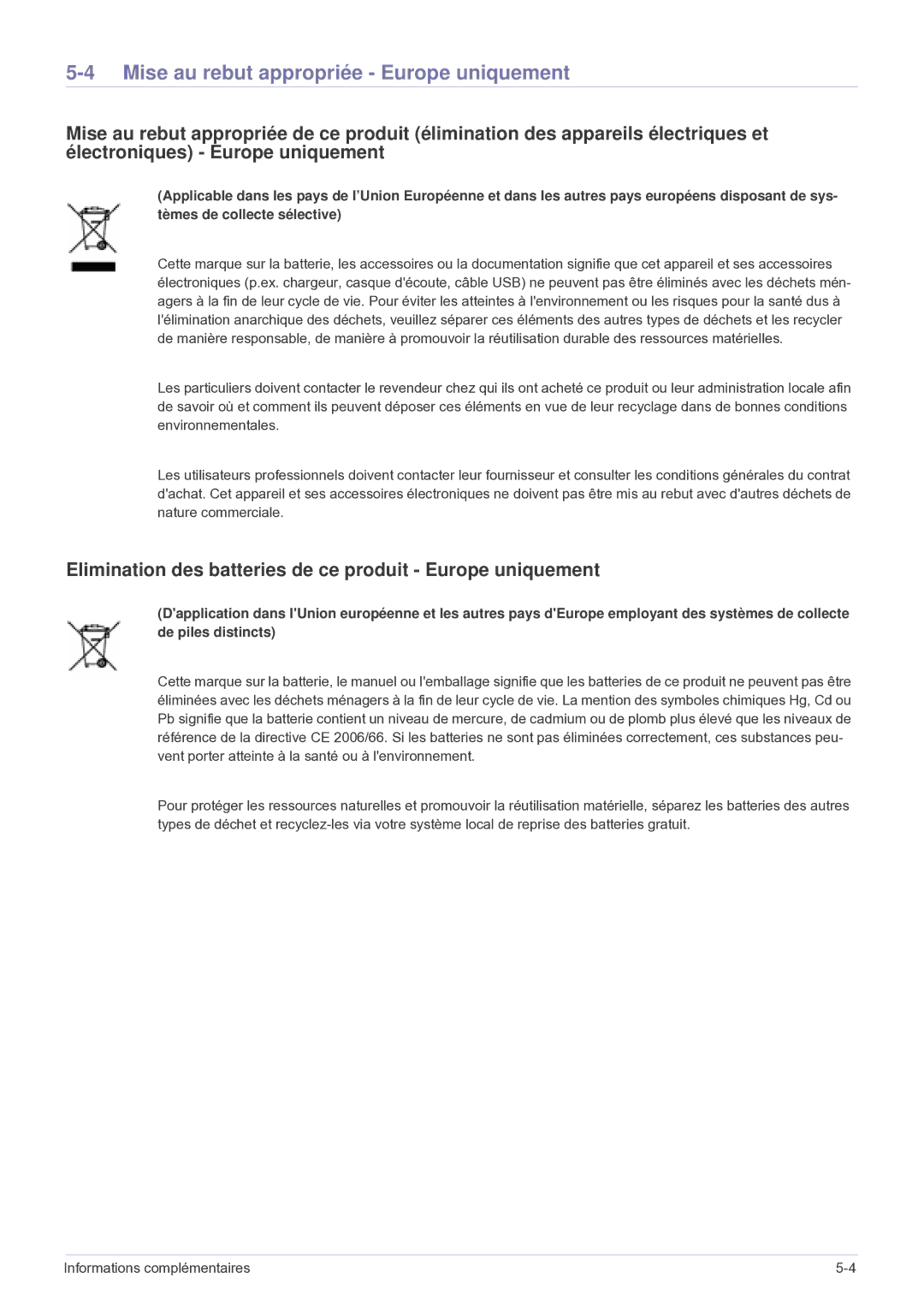 Samsung SP1035FBX/EN Mise au rebut appropriée Europe uniquement, Elimination des batteries de ce produit Europe uniquement 