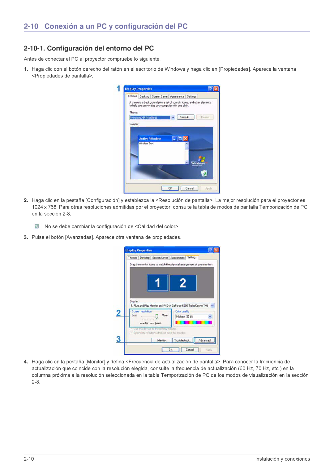 Samsung SP1055XWX/ZX, SP1055XWX/EN manual Conexión a un PC y configuración del PC, Configuración del entorno del PC 