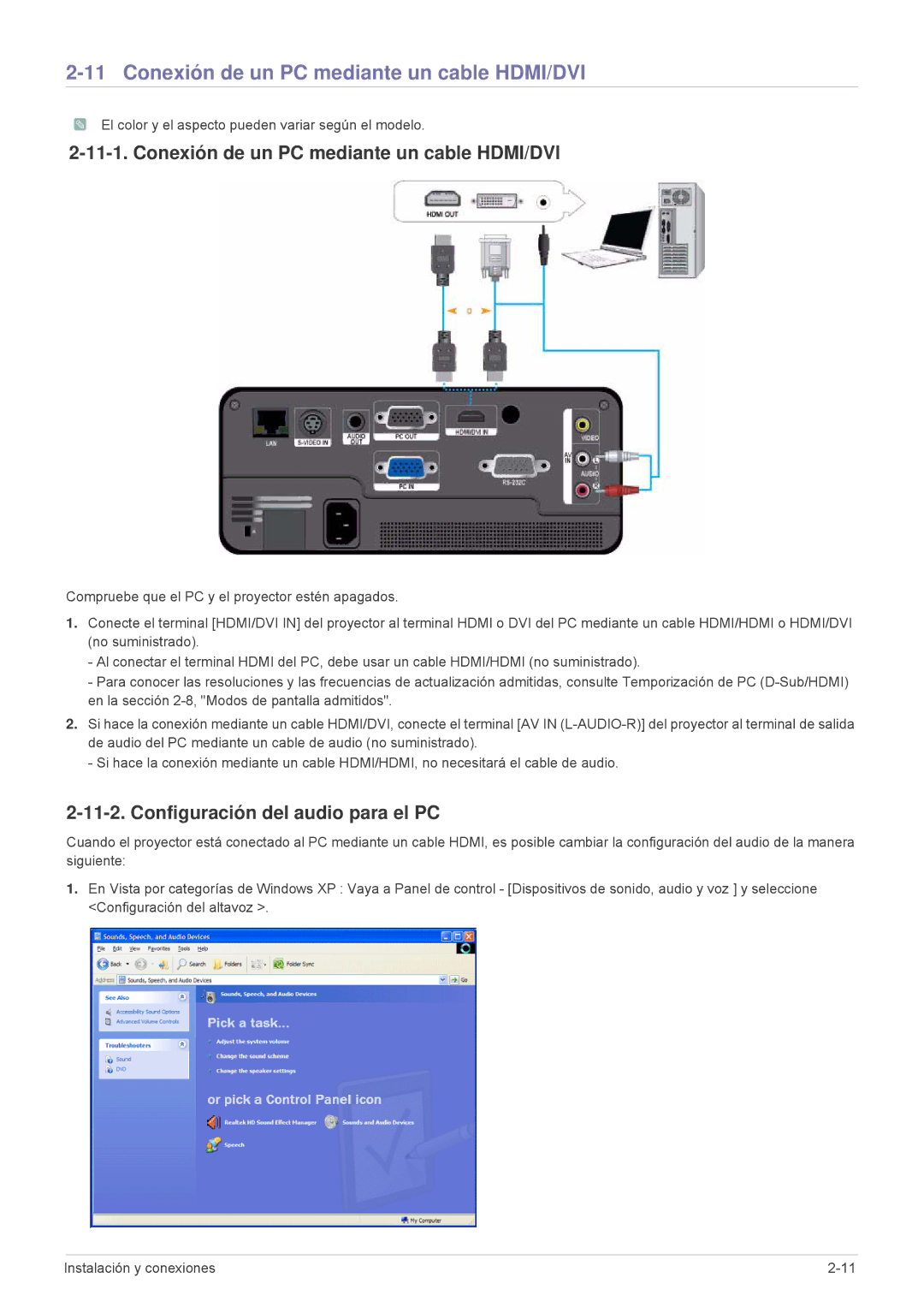 Samsung SP1055XWX/EN, SP1055XWX/ZX manual Conexión de un PC mediante un cable HDMI/DVI, Configuración del audio para el PC 