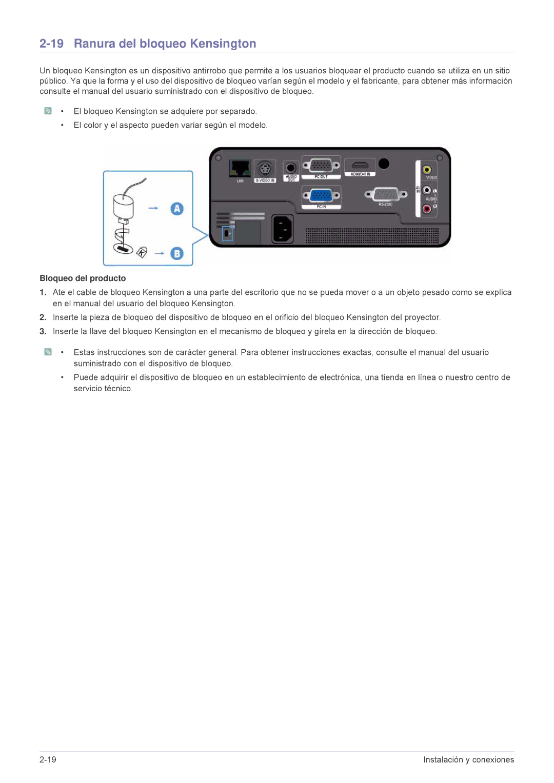 Samsung SP1055XWX/EN, SP1055XWX/ZX manual Ranura del bloqueo Kensington, Bloqueo del producto 