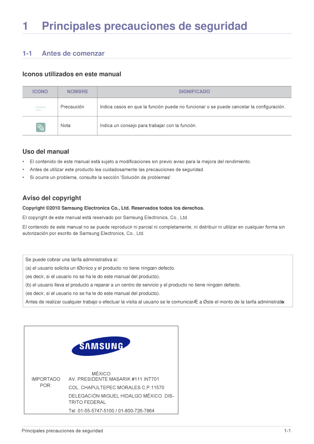 Samsung SP1055XWX/EN Antes de comenzar, Iconos utilizados en este manual, Uso del manual, Aviso del copyright 