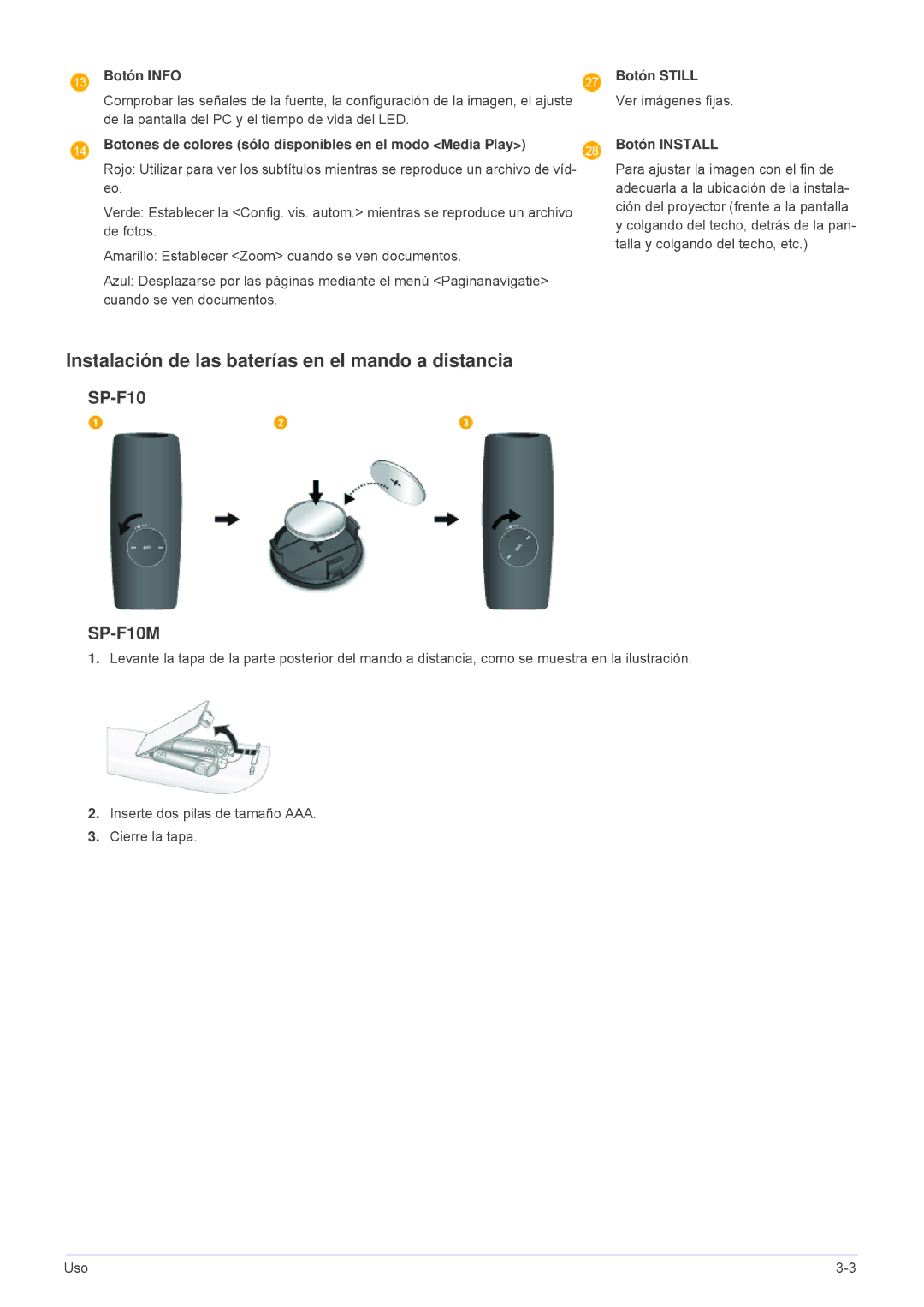 Samsung SP1055XWX/ZX, SP1055XWX/EN manual Instalación de las baterías en el mando a distancia 