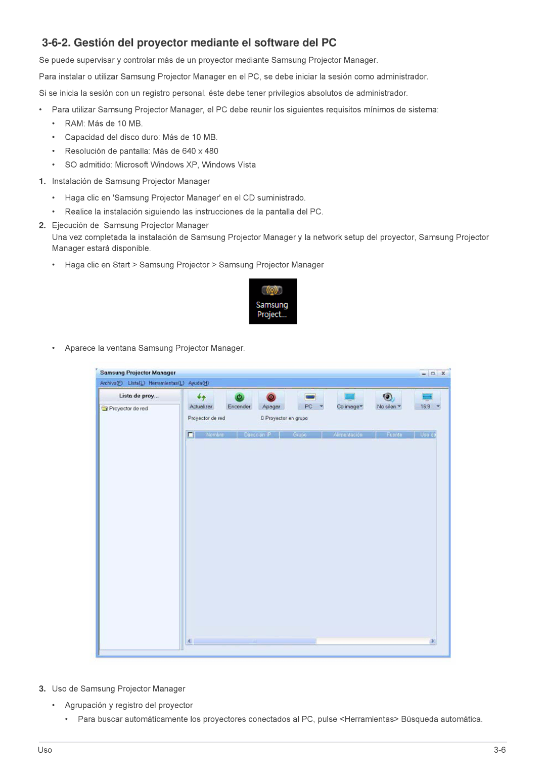 Samsung SP1055XWX/EN, SP1055XWX/ZX manual Gestión del proyector mediante el software del PC 