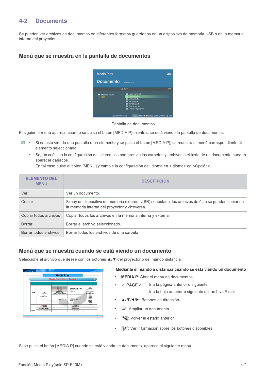 Samsung SP1055XWX/EN manual Documents, Menú que se muestra en la pantalla de documentos, Elemento DEL Descripción Menú 