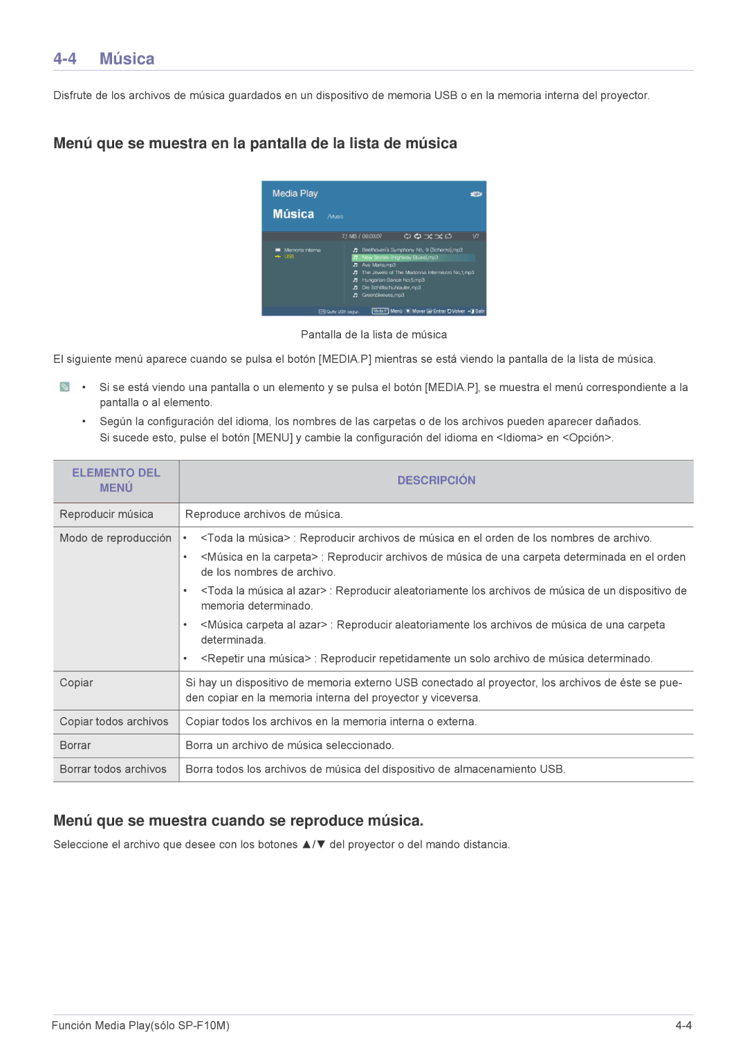 Samsung SP1055XWX/EN, SP1055XWX/ZX manual Música, Menú que se muestra en la pantalla de la lista de música 