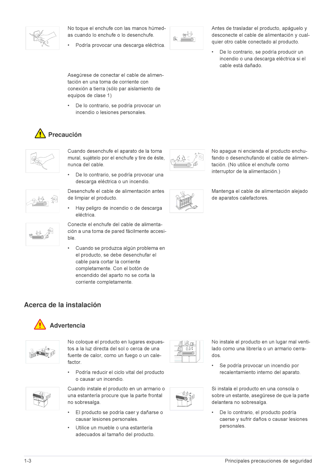 Samsung SP1055XWX/ZX, SP1055XWX/EN manual Acerca de la instalación, Precaución 