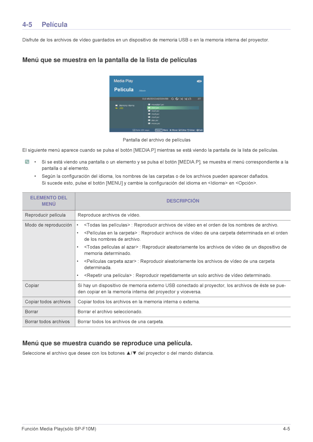 Samsung SP1055XWX/EN, SP1055XWX/ZX manual Película, Menú que se muestra en la pantalla de la lista de películas 