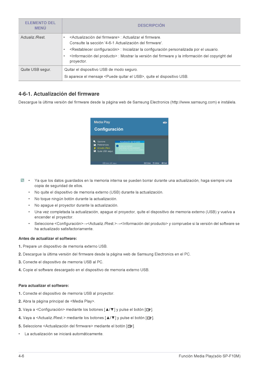 Samsung SP1055XWX/ZX manual Actualización del firmware, Antes de actualizar el software, Para actualizar el software 