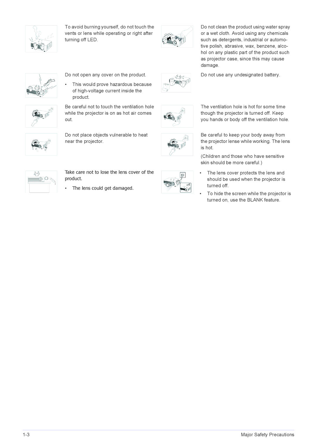 Samsung SP1055XWX/EN, SP1055XWX/ZX manual Major Safety Precautions 