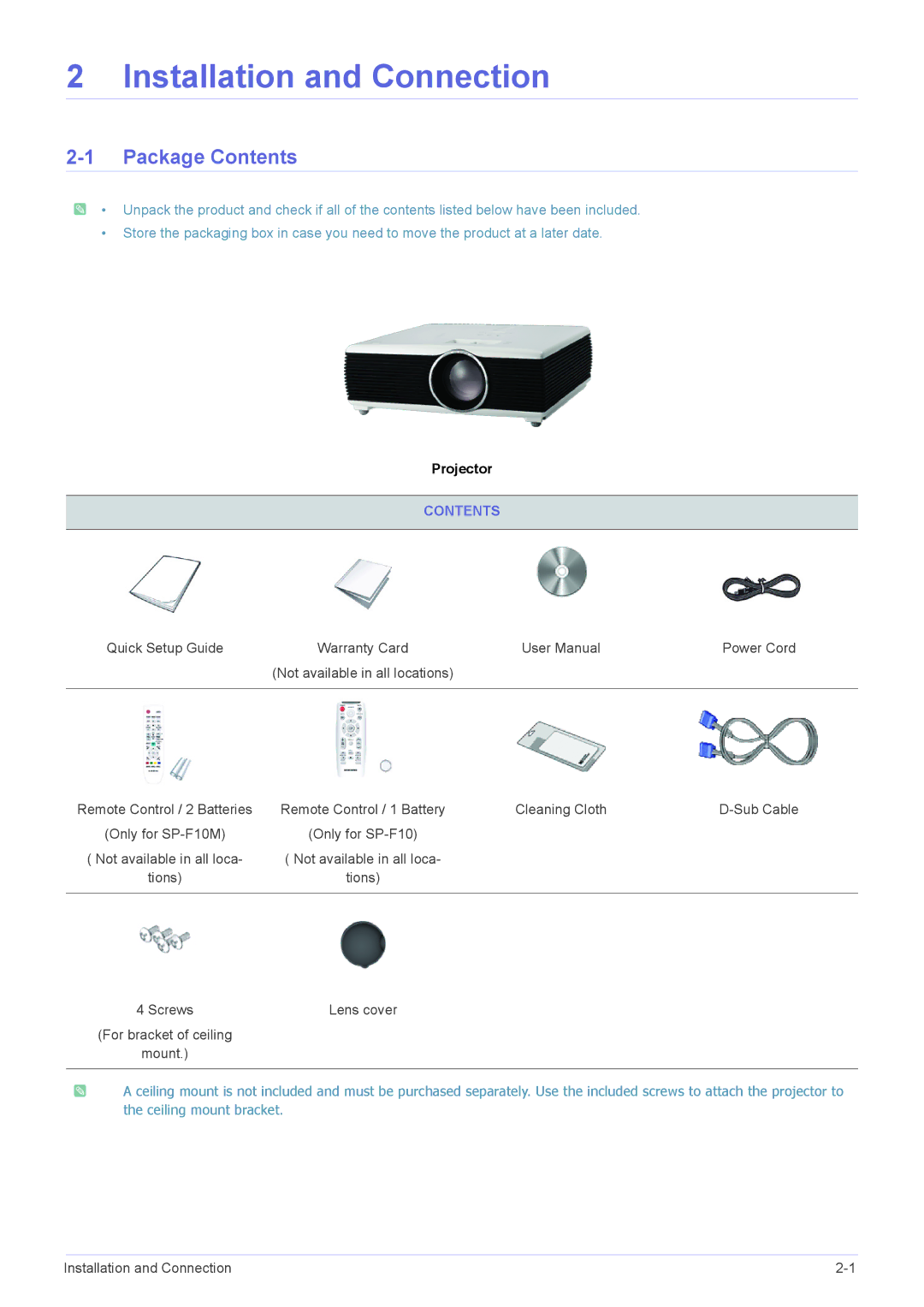 Samsung SP1055XWX/ZX, SP1055XWX/EN manual Installation and Connection, Package Contents 