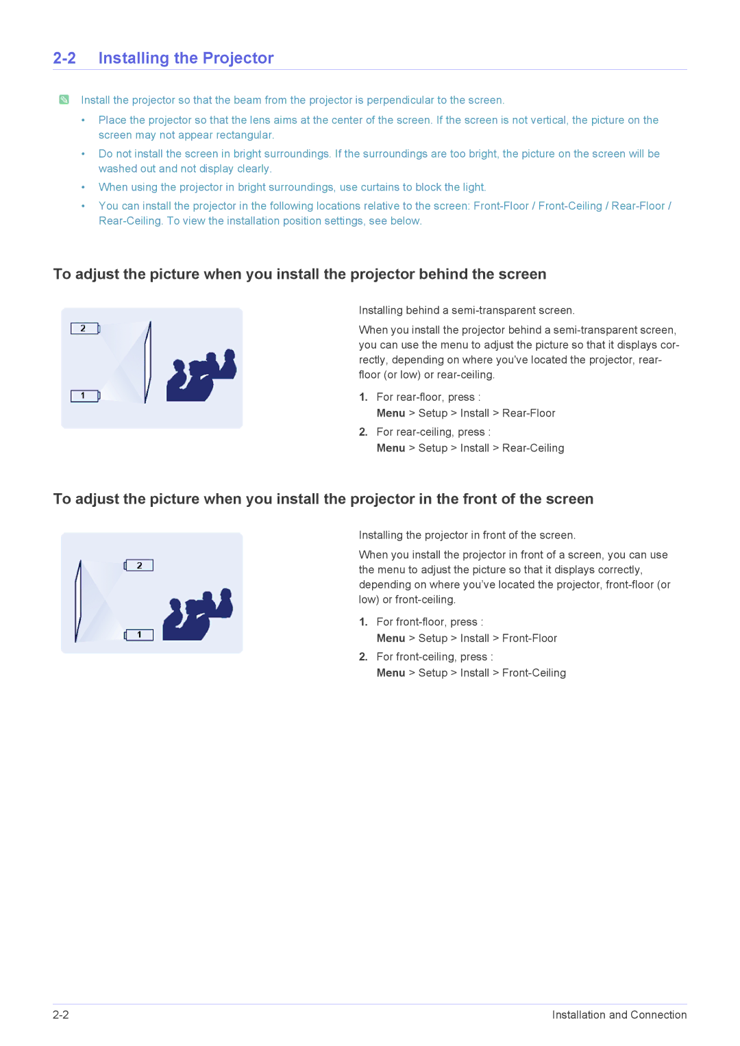 Samsung SP1055XWX/EN, SP1055XWX/ZX manual Installing the Projector 