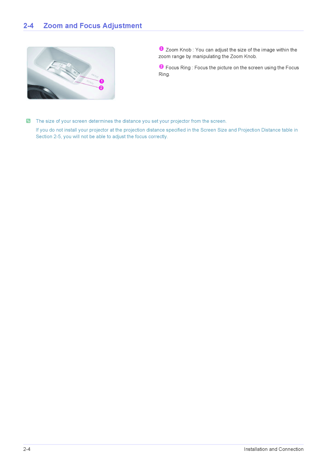 Samsung SP1055XWX/EN, SP1055XWX/ZX manual Zoom and Focus Adjustment 