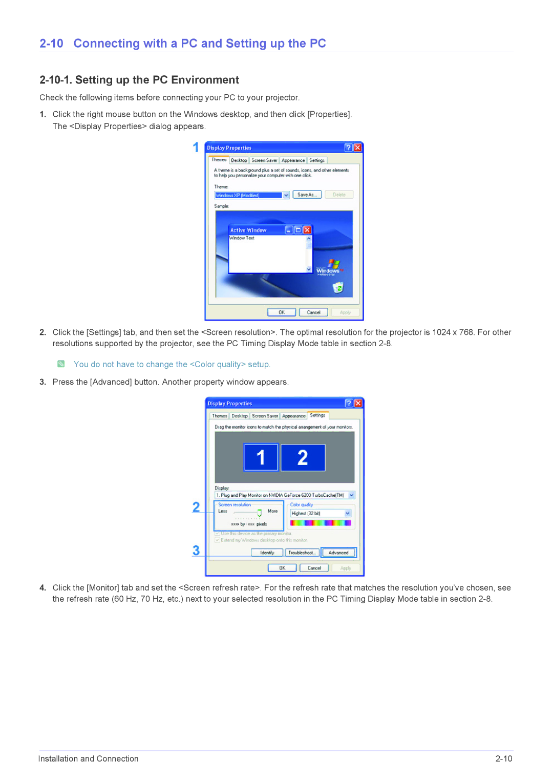 Samsung SP1055XWX/ZX, SP1055XWX/EN manual Connecting with a PC and Setting up the PC, Setting up the PC Environment 