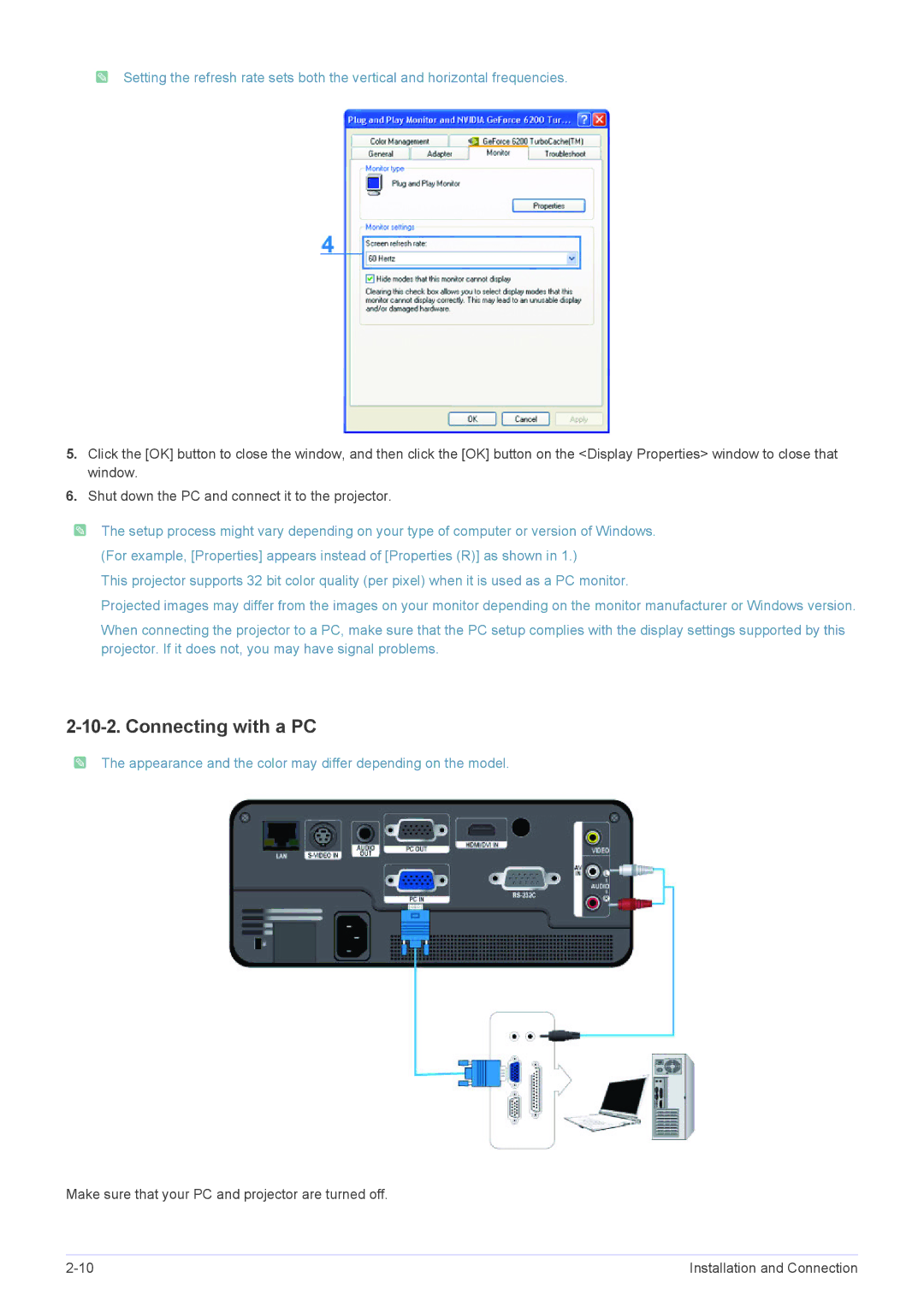 Samsung SP1055XWX/EN, SP1055XWX/ZX manual Connecting with a PC 