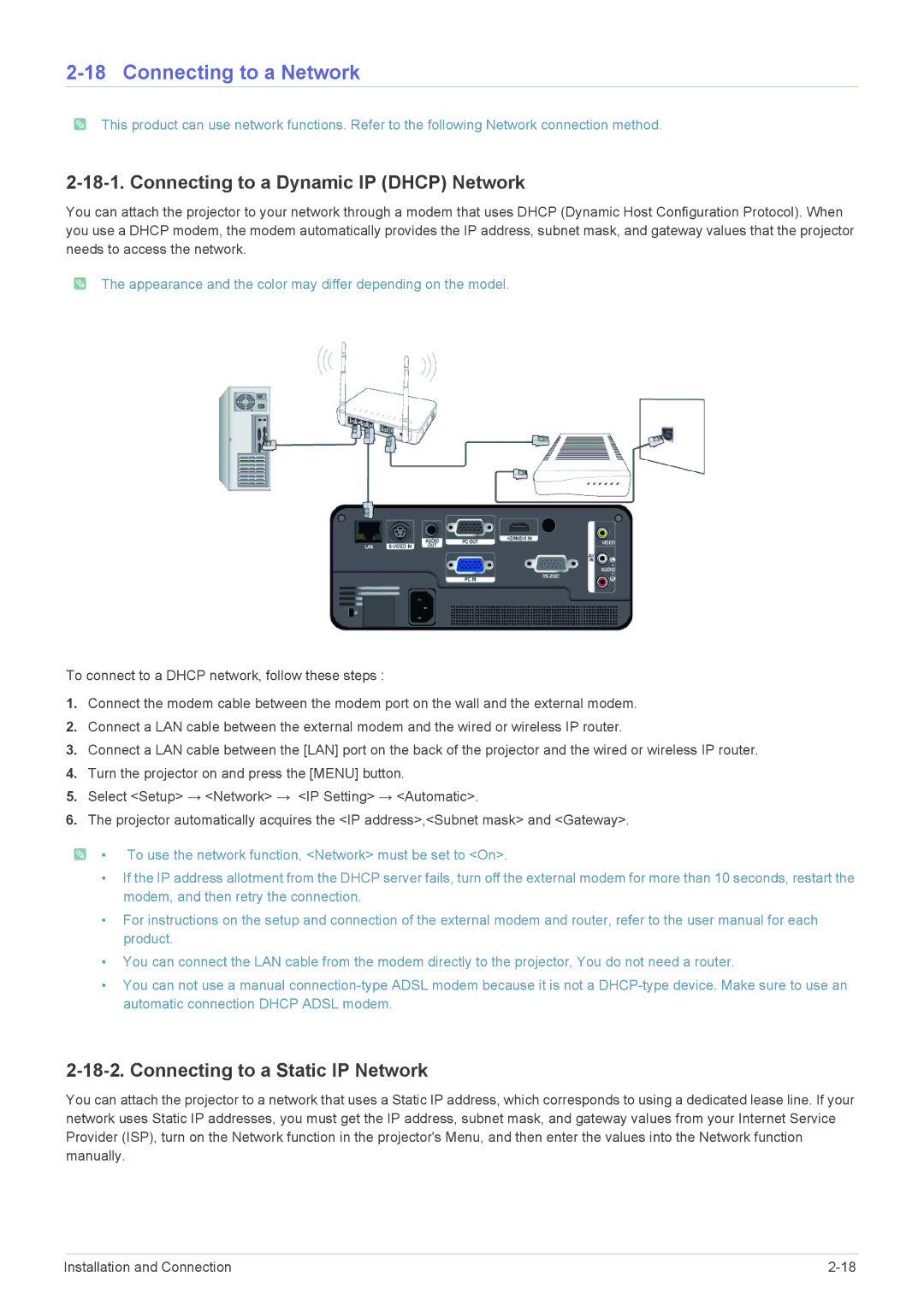 Samsung SP1055XWX/ZX Connecting to a Network, Connecting to a Dynamic IP Dhcp Network, Connecting to a Static IP Network 