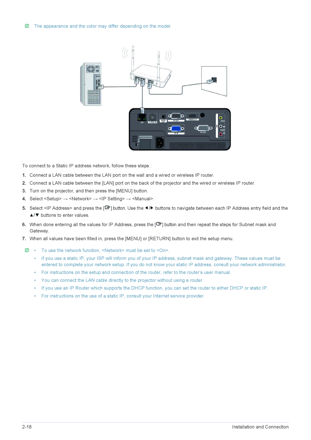 Samsung SP1055XWX/EN, SP1055XWX/ZX manual To use the network function, Network must be set to On 