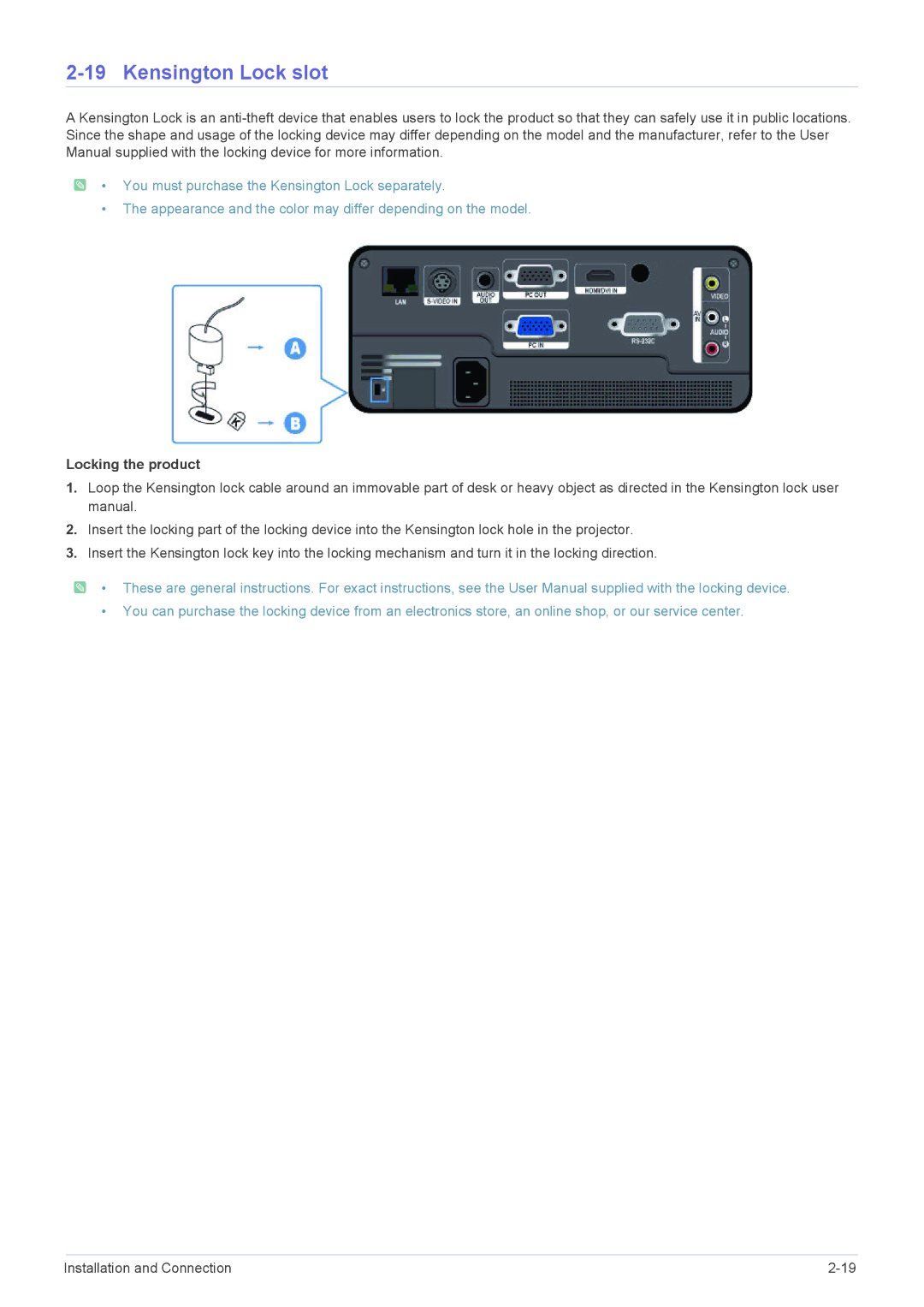 Samsung SP1055XWX/ZX, SP1055XWX/EN manual Kensington Lock slot, Locking the product 