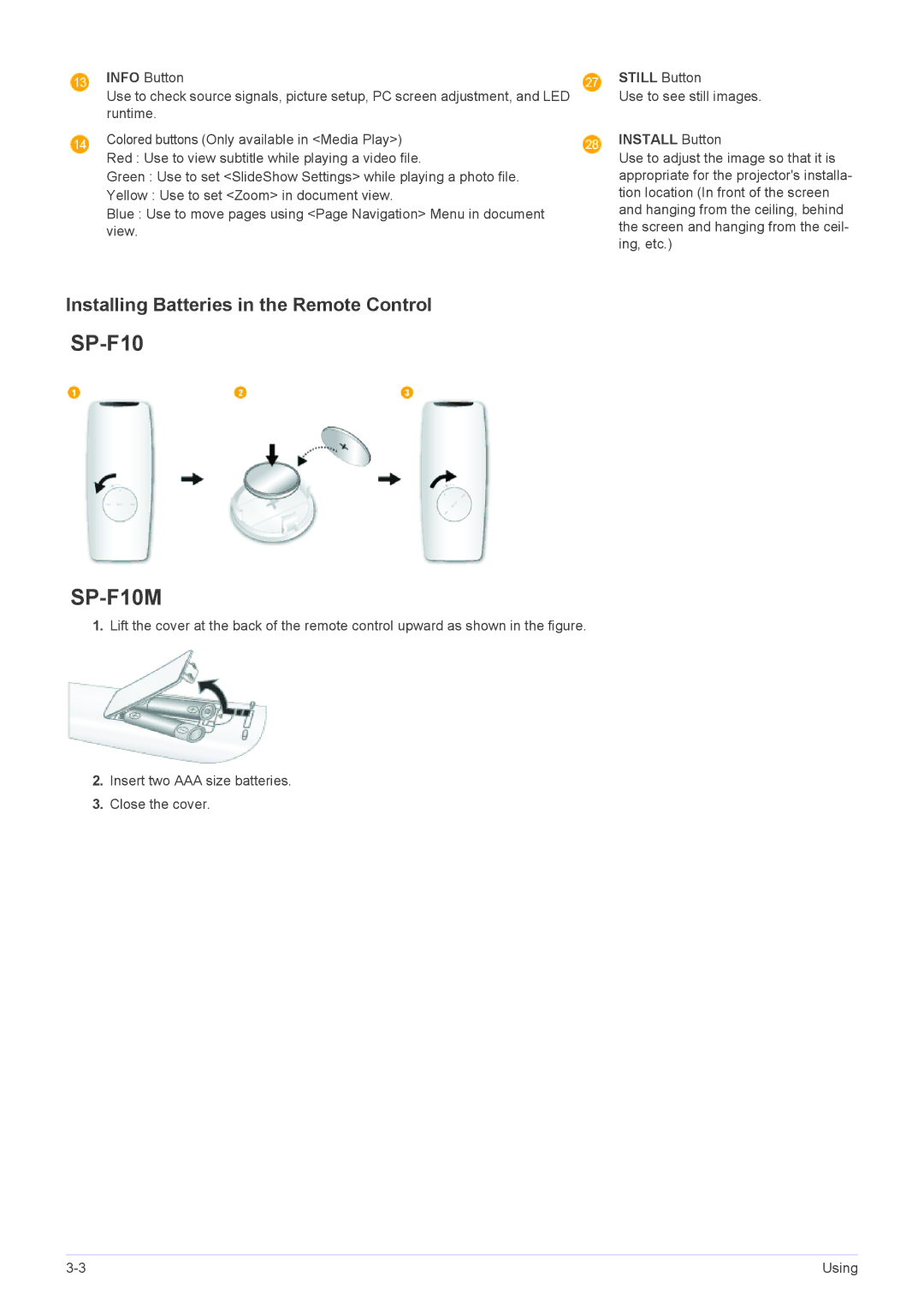 Samsung SP1055XWX/EN, SP1055XWX/ZX manual SP-F10M, Installing Batteries in the Remote Control 