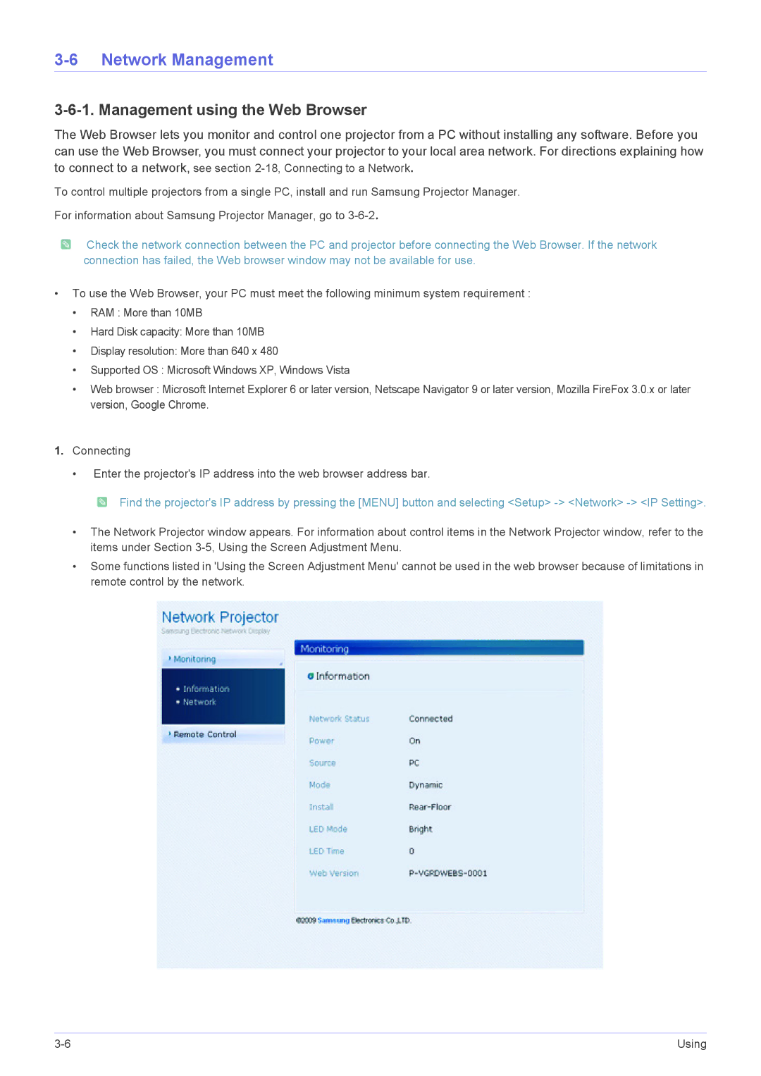 Samsung SP1055XWX/EN, SP1055XWX/ZX manual Network Management, Management using the Web Browser 